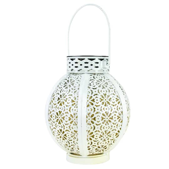 7&#x22; White Integrated Floral Pattern Outdoor Solar Lantern with Handle